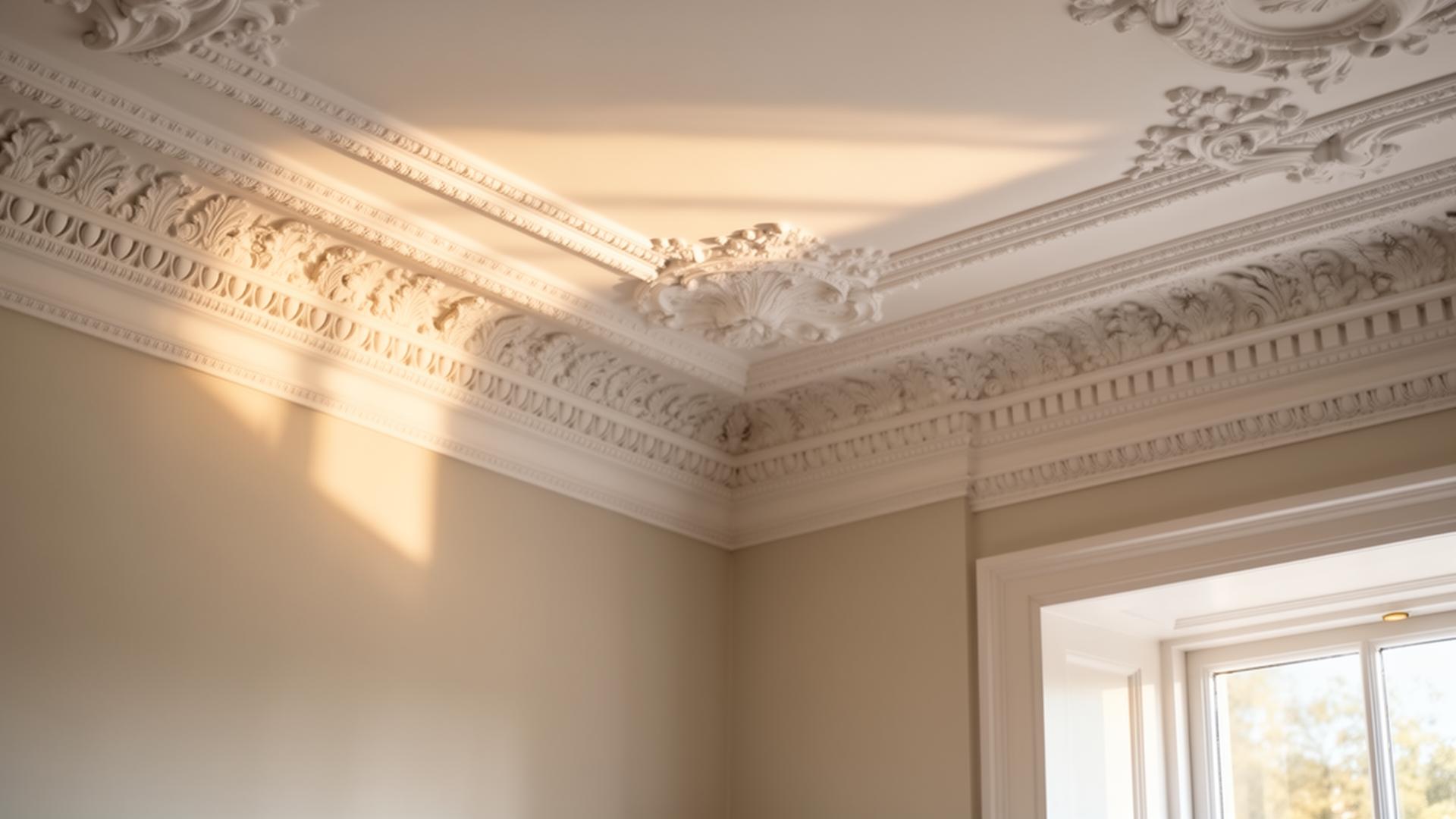 Ornate decorative plaster cornice and coving in a UK period property, freshly finished in brilliant white
