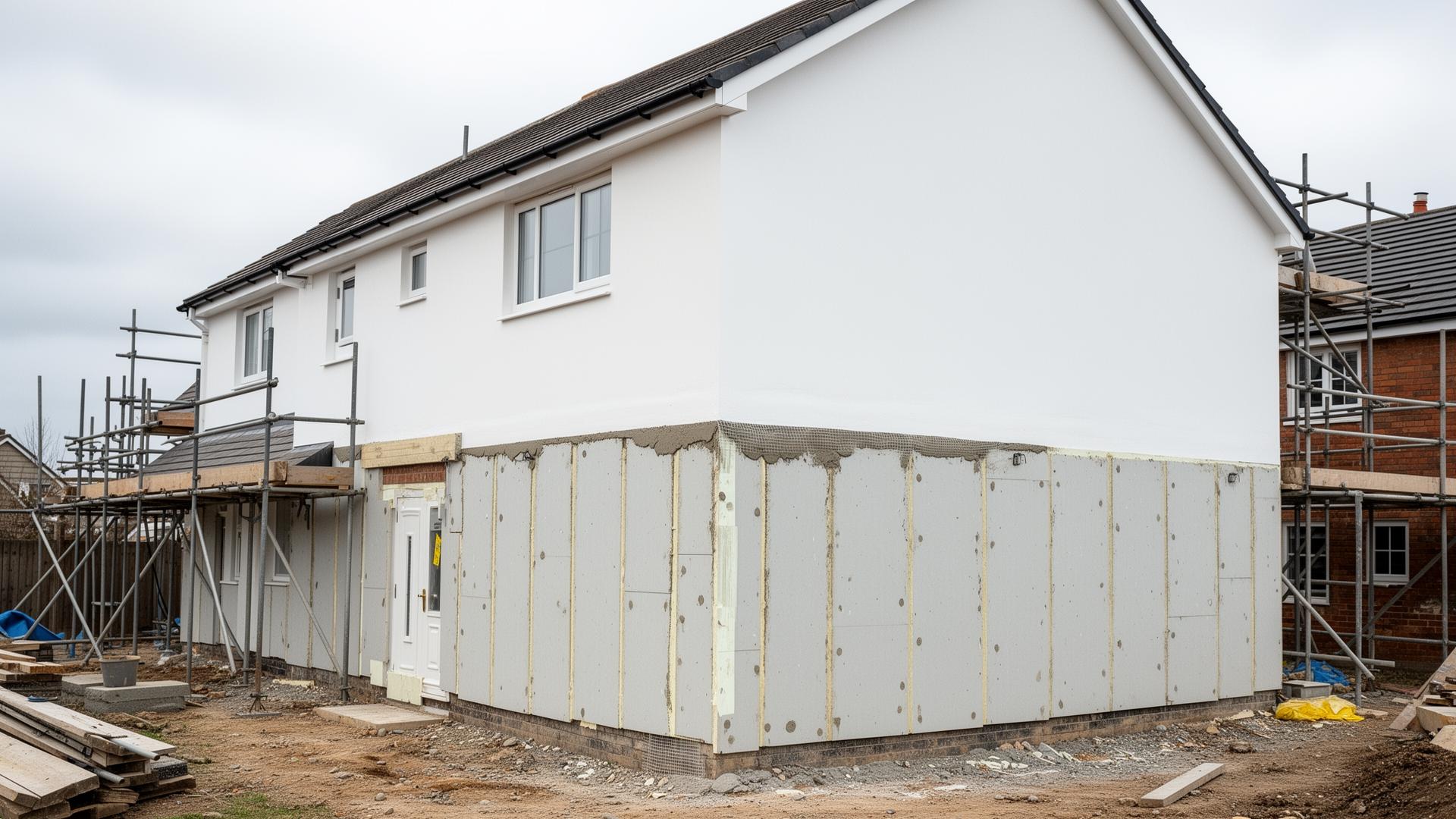External Wall Insulation system mid-installation — insulation boards and base coat below, finished white render above
