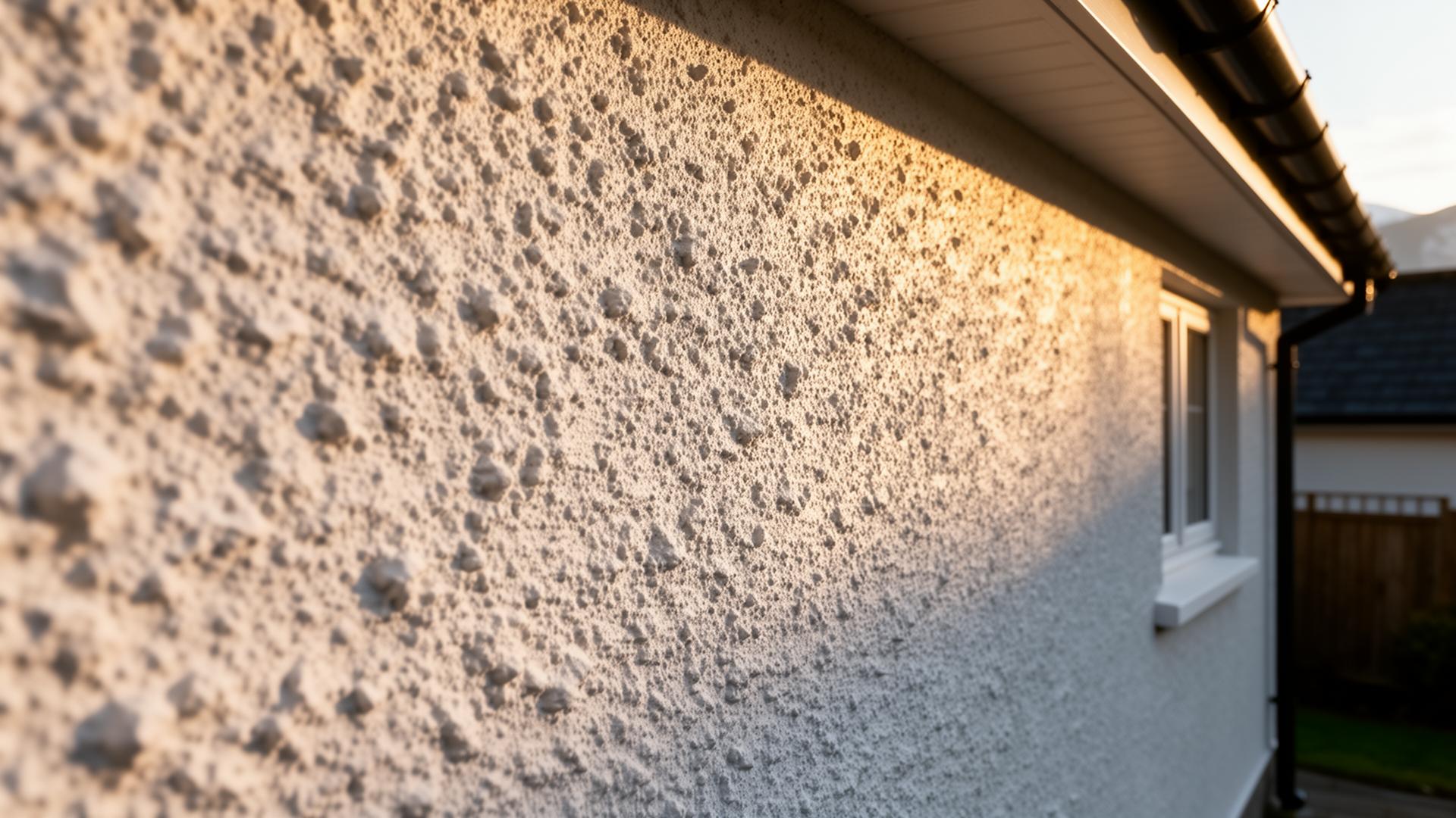 Traditional textured Tyrolean spray-render finish to an exterior UK house wall